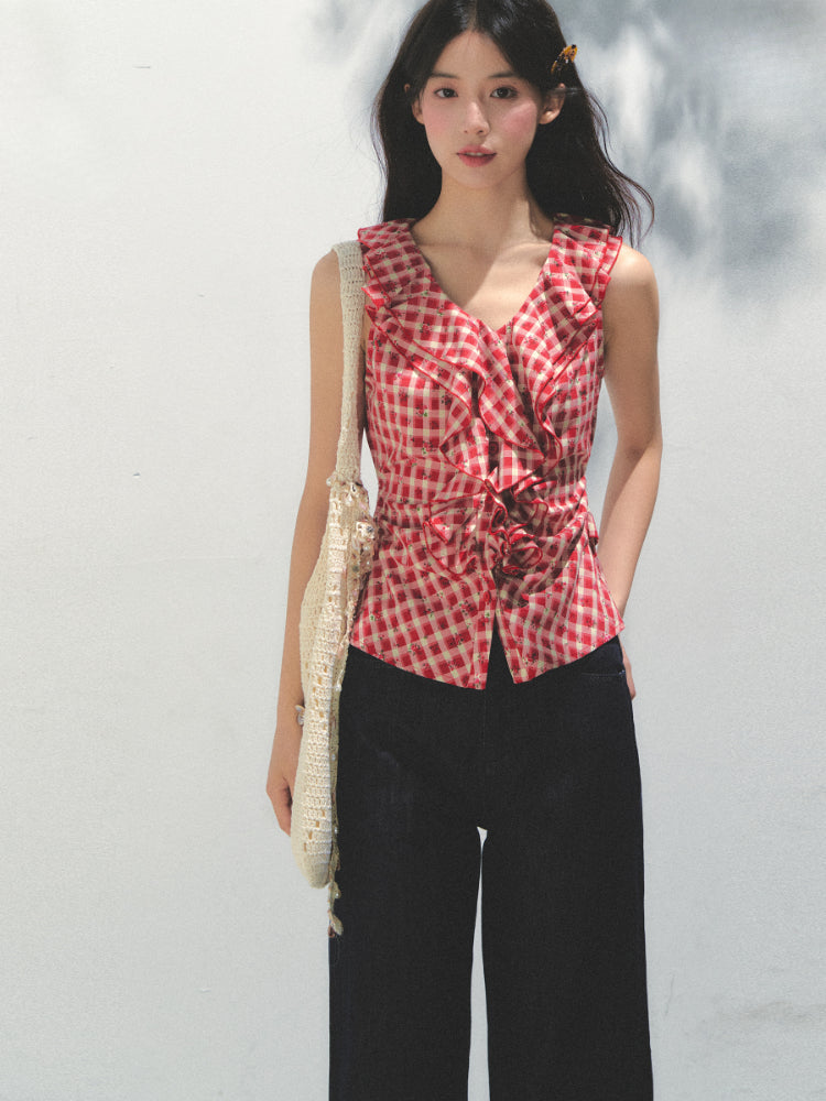Sleeveless Checkered Top Vest