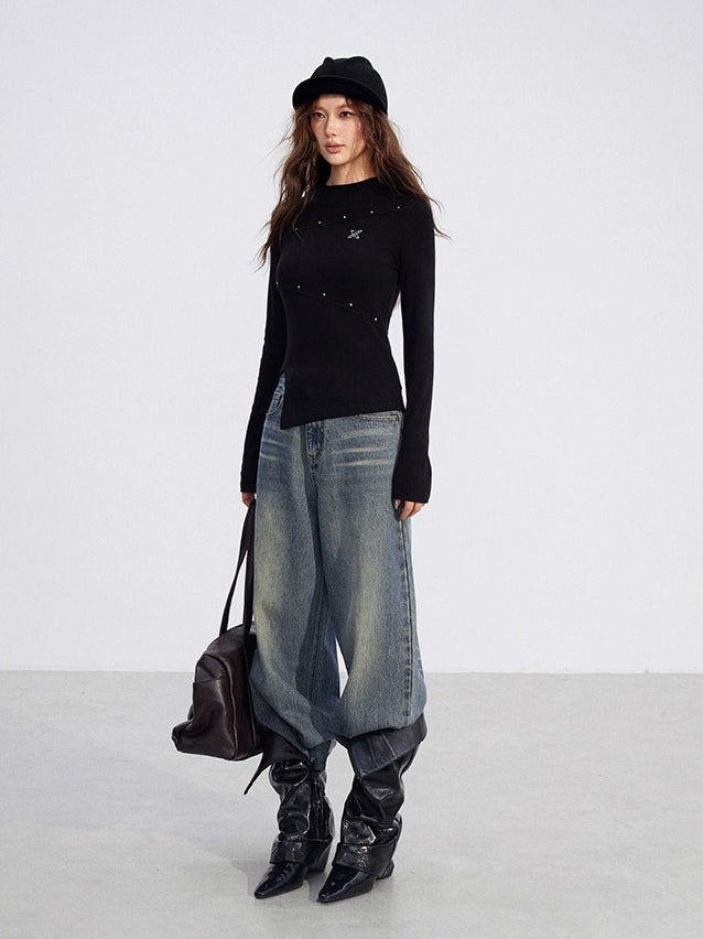 Irregular Slit Knit Long-sleeve Top