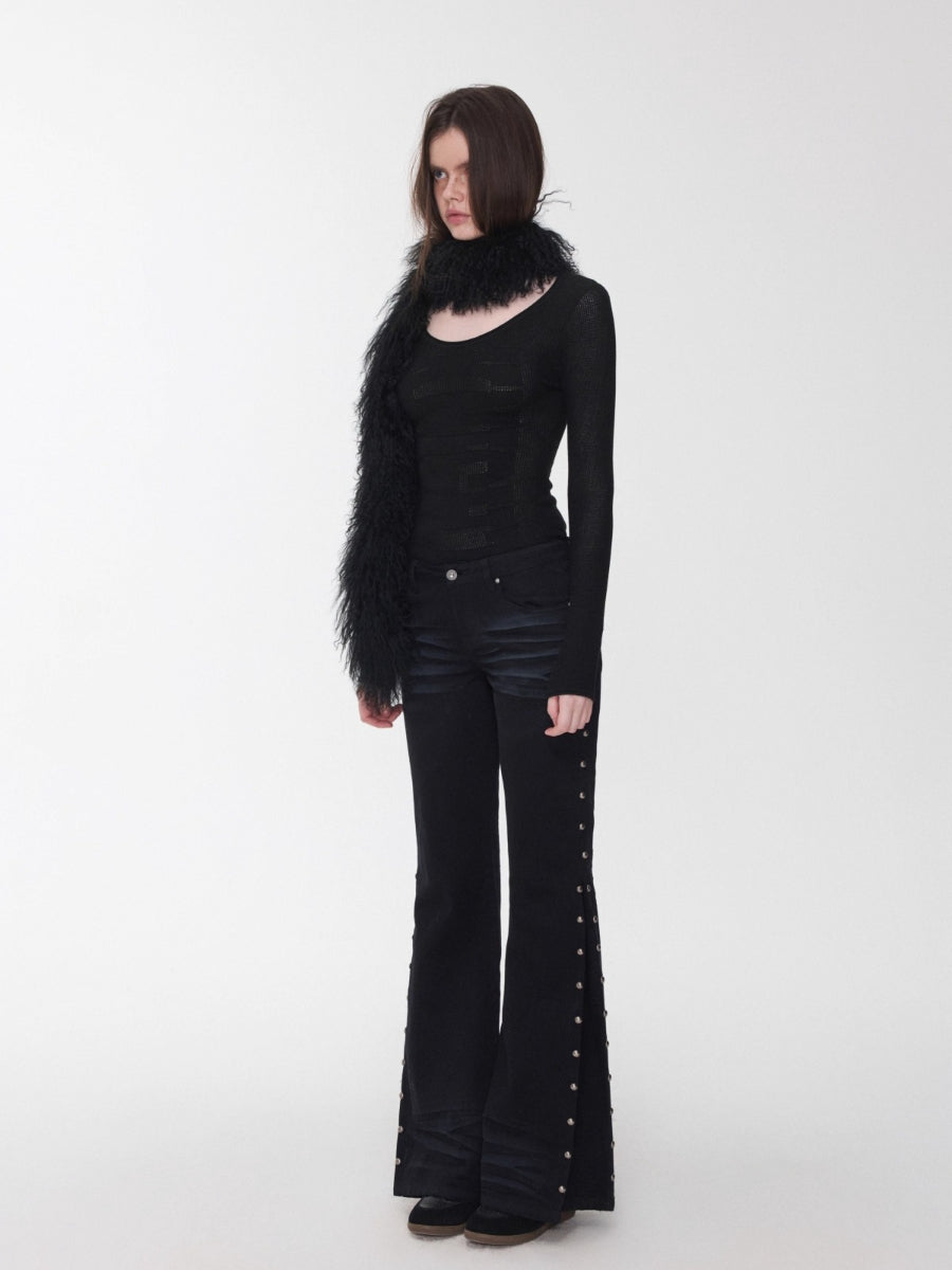 Studded Flared Denim Whisker Detailing Jeans