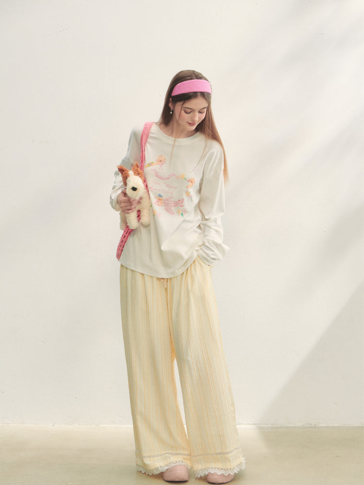 Crew Neck Dog Print Long-Sleeve Tee