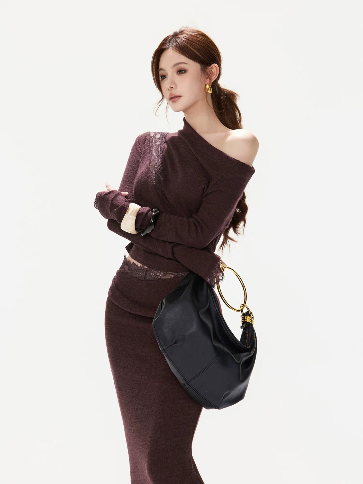 Purple Lace Ruched Top & Skirt Set