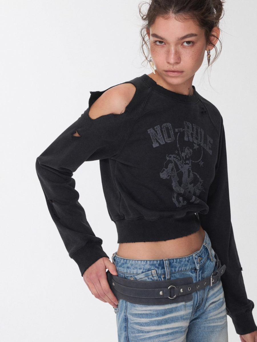 Washed Distressed Knight Cat Graphic Sweatshirt