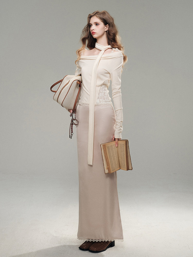 Lace Satin Midi Skirt