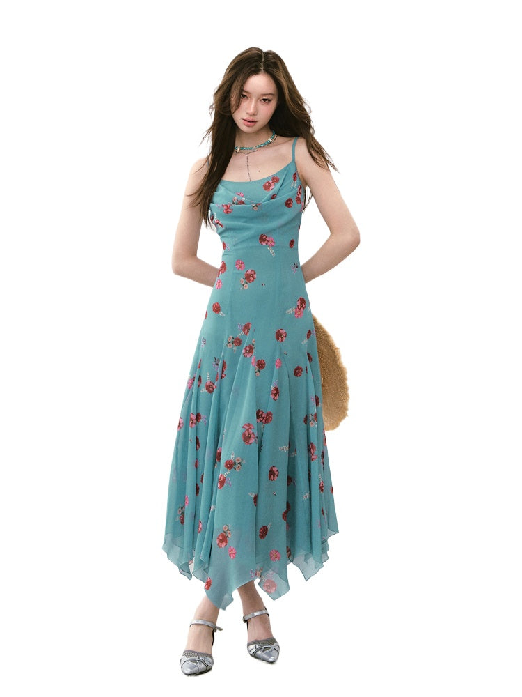 Flowing Flower Waist-cinched Cowl-neck Dress