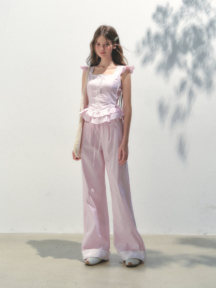 Vertical Striped Drawstring Waist Pink - Blue Pants