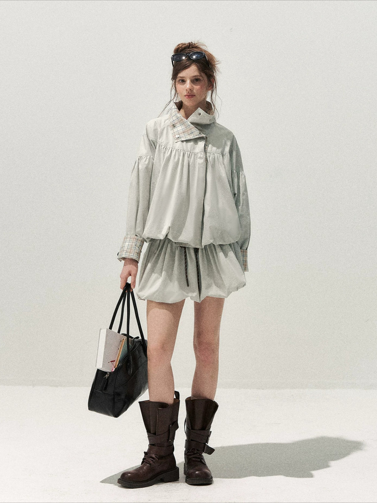 Blue Gray Plaid Trench Coat Set
