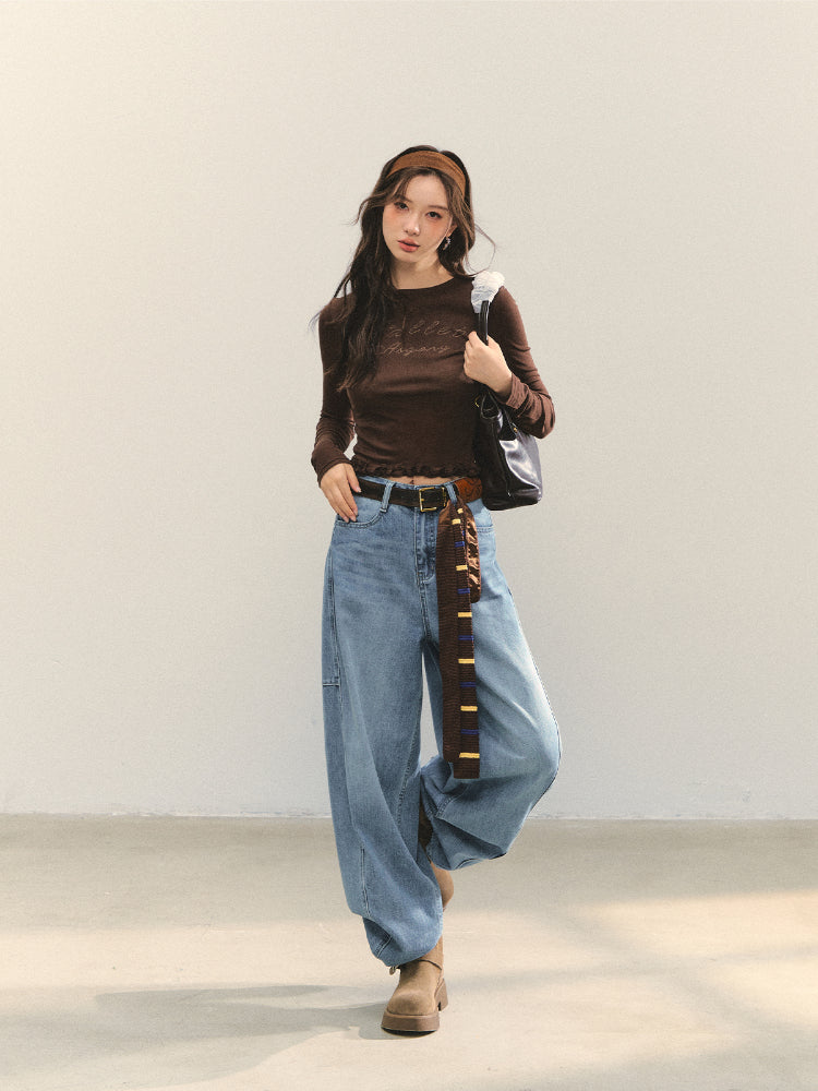 Ruffle Hem and Printed Splicing Cropped T-Shirts