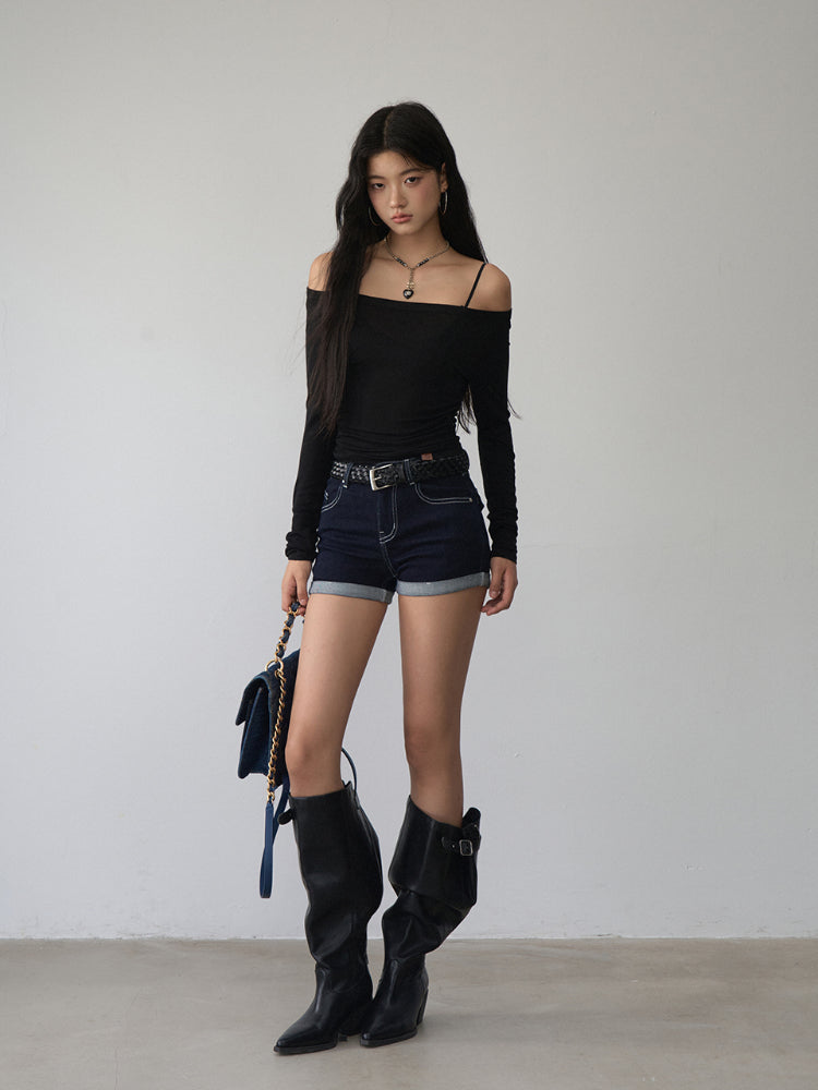 Reversible Off-shoulder Slim Long-sleeve T-shirt