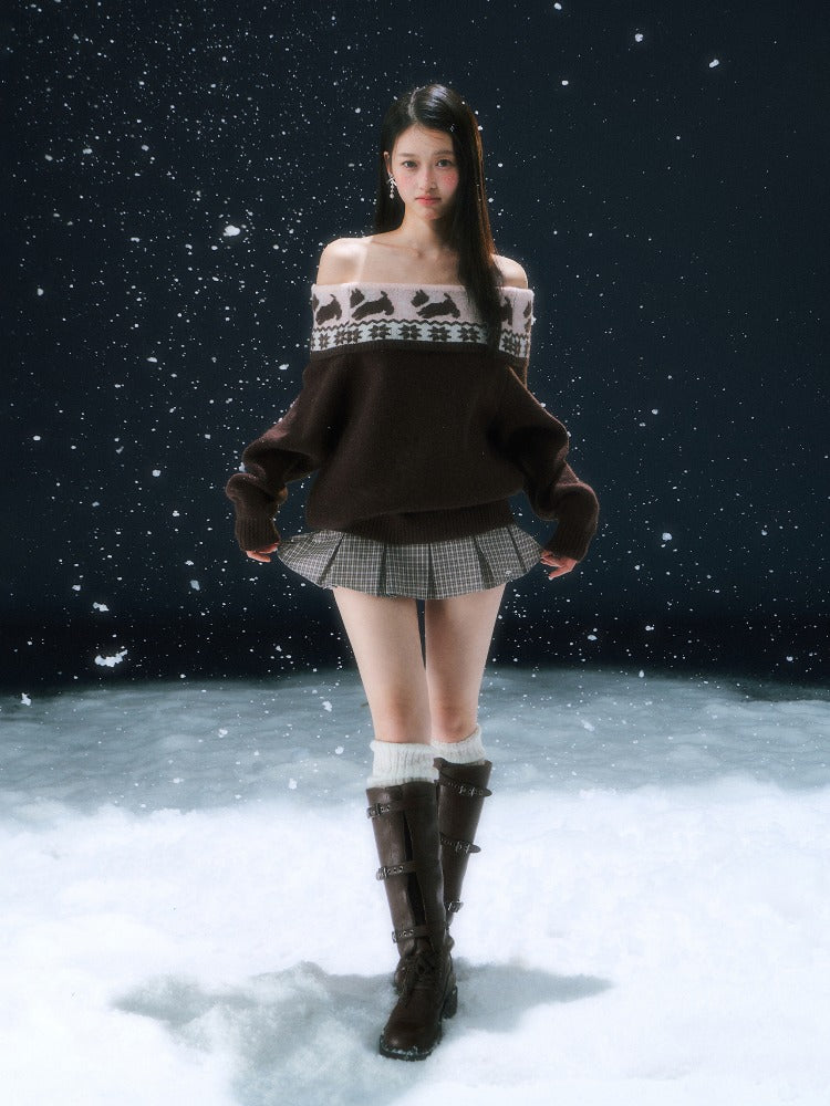 Brown Fair Isle Off-shoulder Sweater & Skirt Set