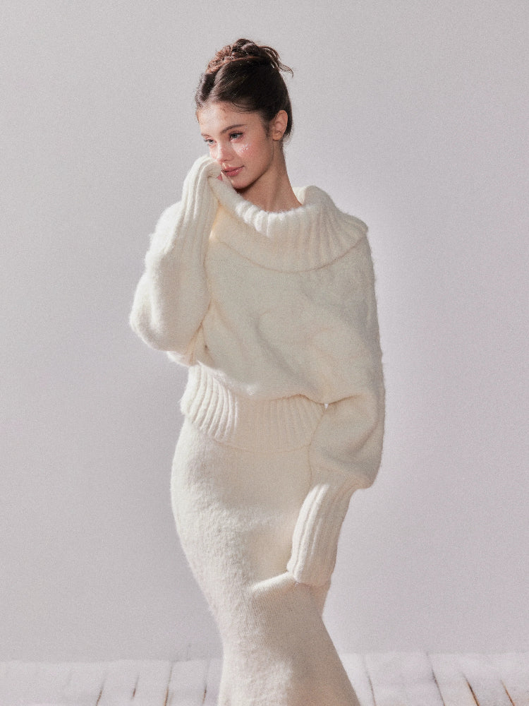 Oversized Turtleneck Off-Shoulder Sweater & Skirt Set