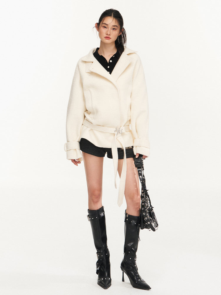 Cream & Black Wool Blend Loose Lapel Jacket