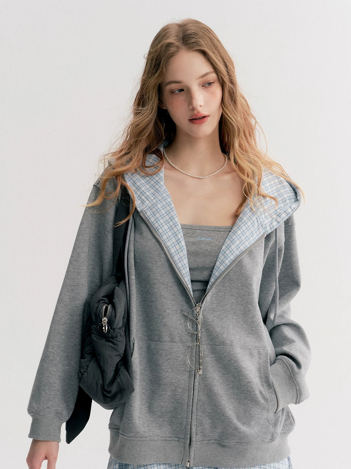 Gray Plaid Hoodie Three-Piece Set