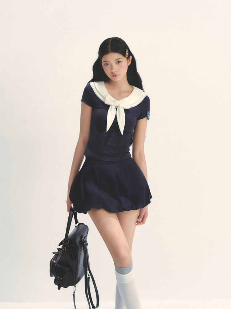 Bow-neck Contrast-color Skin Friendly Cotton T-shirt