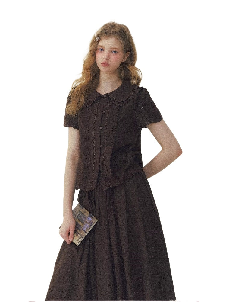 Brown Doll Collar Blouse & Skirt Set