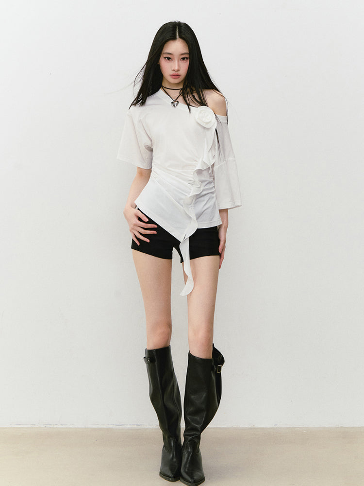 Asymmetric Shoulder 3D Floral T-shirt