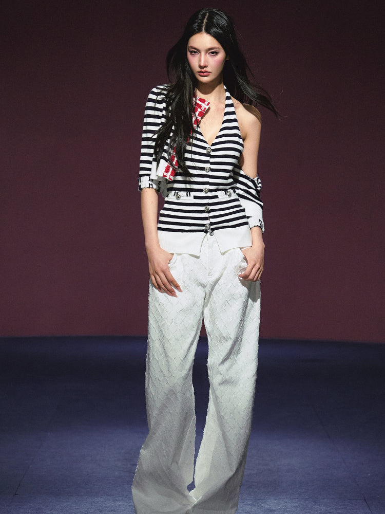 Contrast Stripe Halter Camisole Tank Top & Cardigan Set