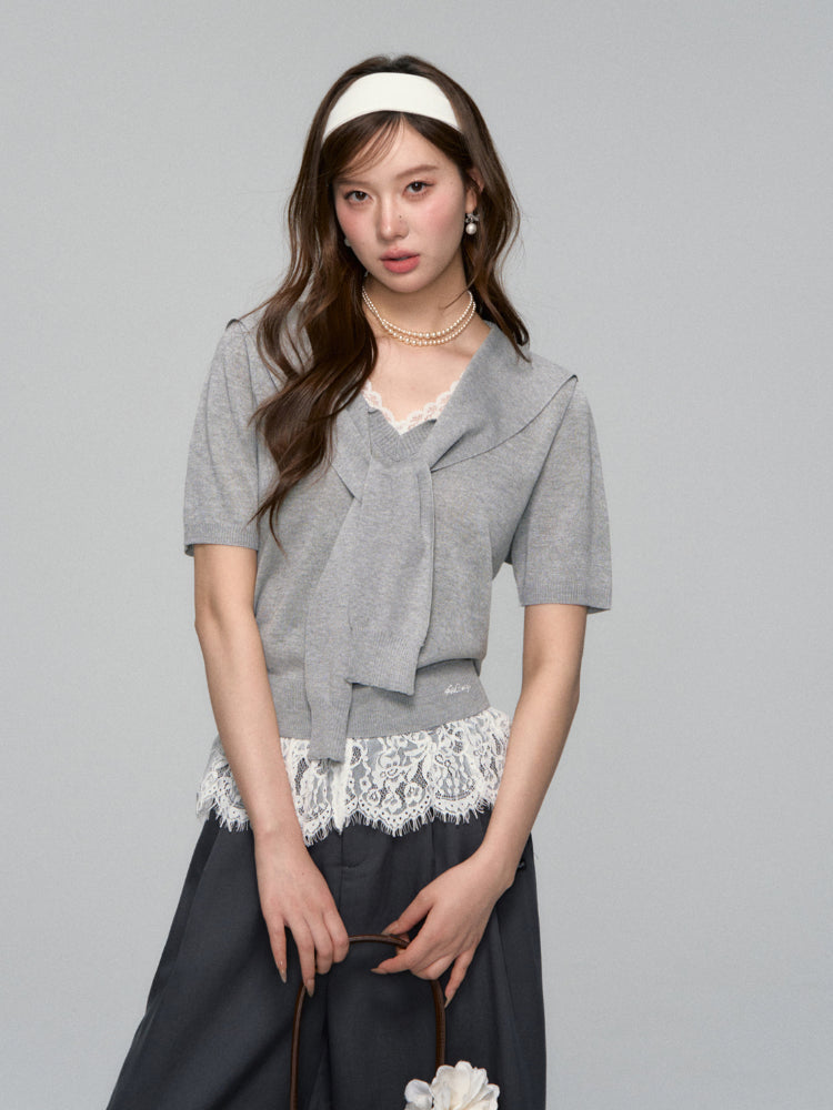V-neck Lace Knit Short-sleeve T-shirt