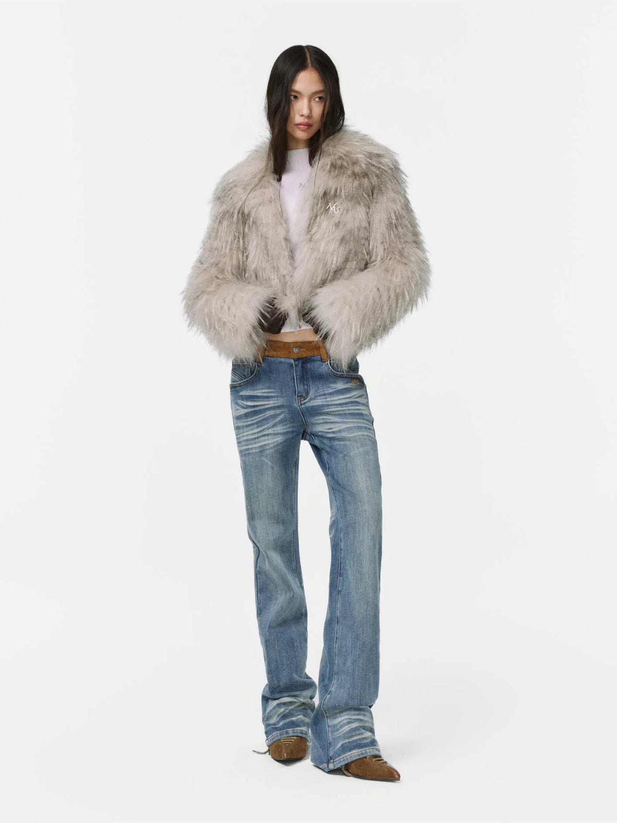 Suede Waistband Washed Bootcut Jeans