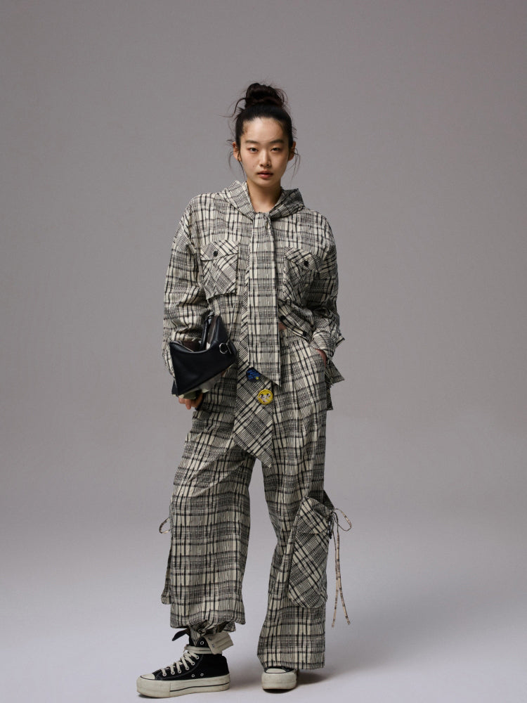 Plaid Hooded Shirt & Skirt & Pants Set