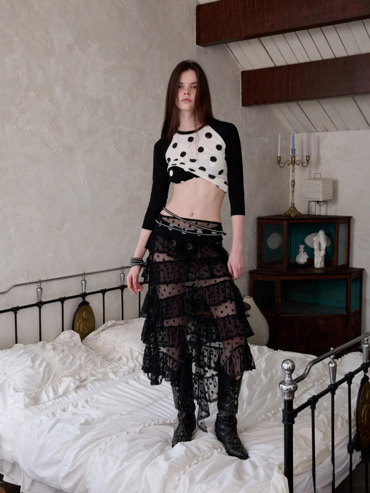 Polka Dot Lace Mesh Layered Skirt