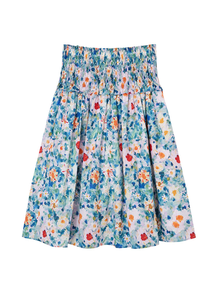 Floral Waist-cinching Slim-fit Midi A-line Skirt