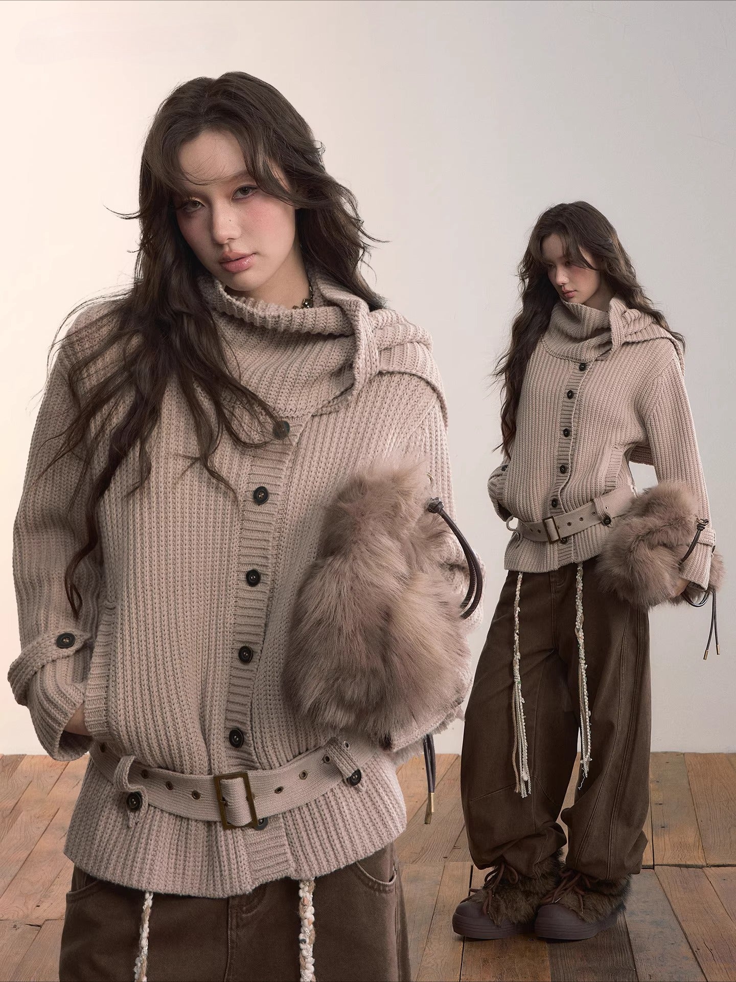 Oatmeal Scarfed Knit Sweater