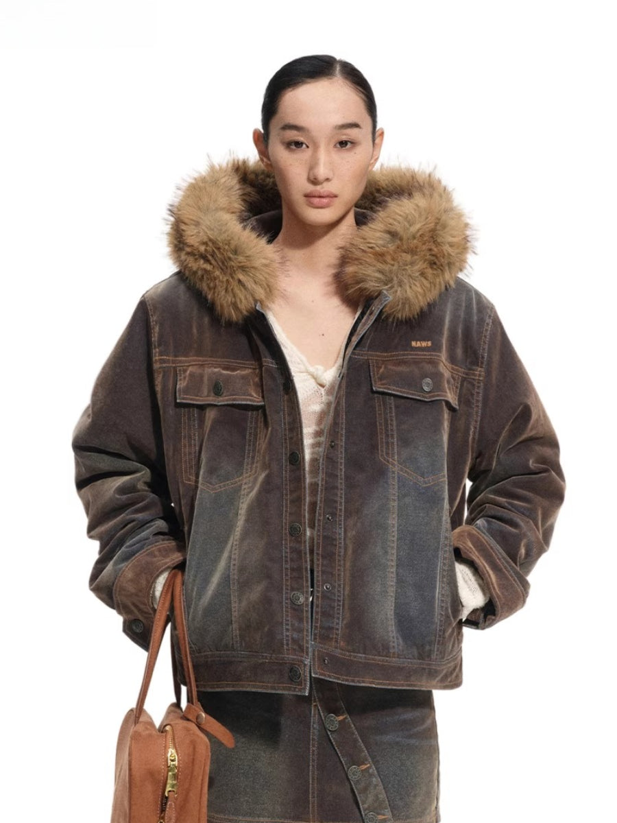 Ross Oversized Washed Eco Fox Fur Collar Denim Jacket