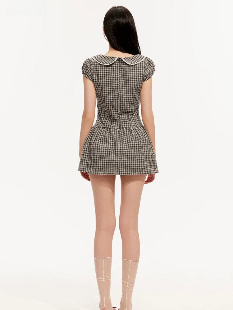 Plaid Pan Collar Puff-Sleeve Dress
