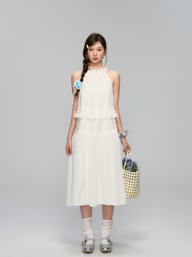 Halter Off-shoulder Lace-trimmed Dress