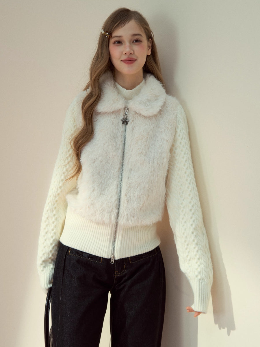 Peter Pan Collar Fleece-Lined Faux-Fur Paneled Jacket