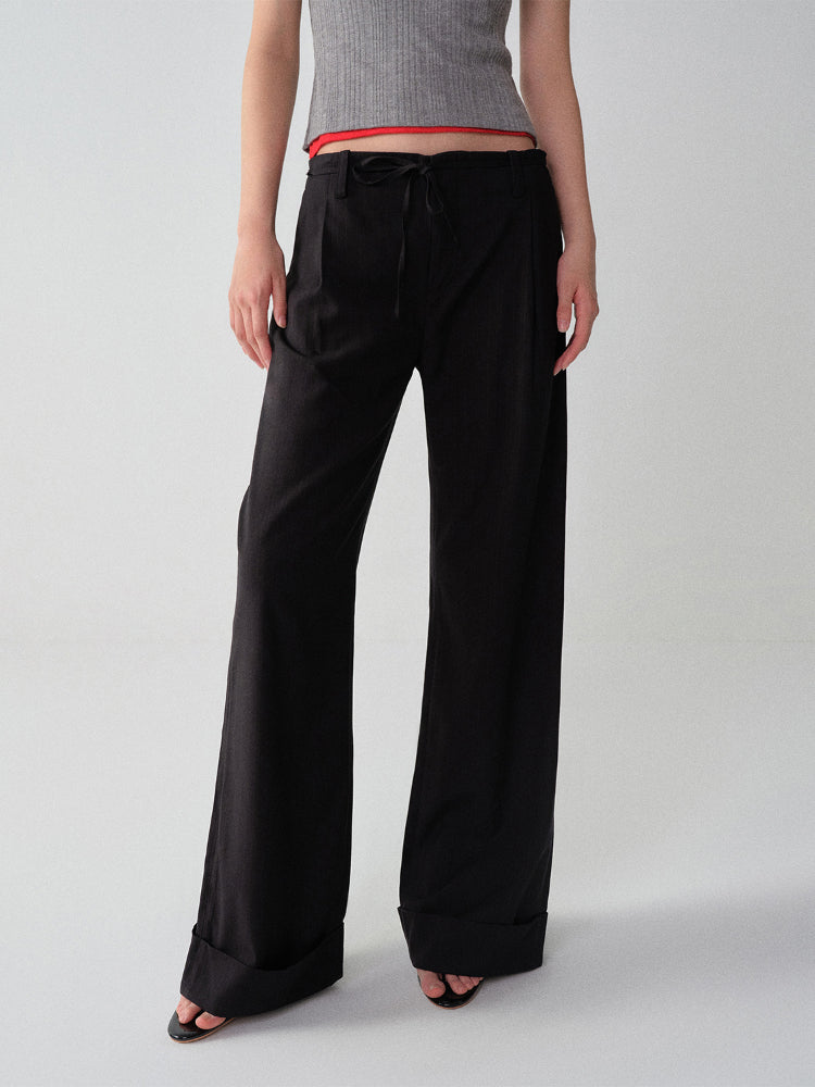 Black-Red Striped Cuffed Suit Wide-Leg Pants
