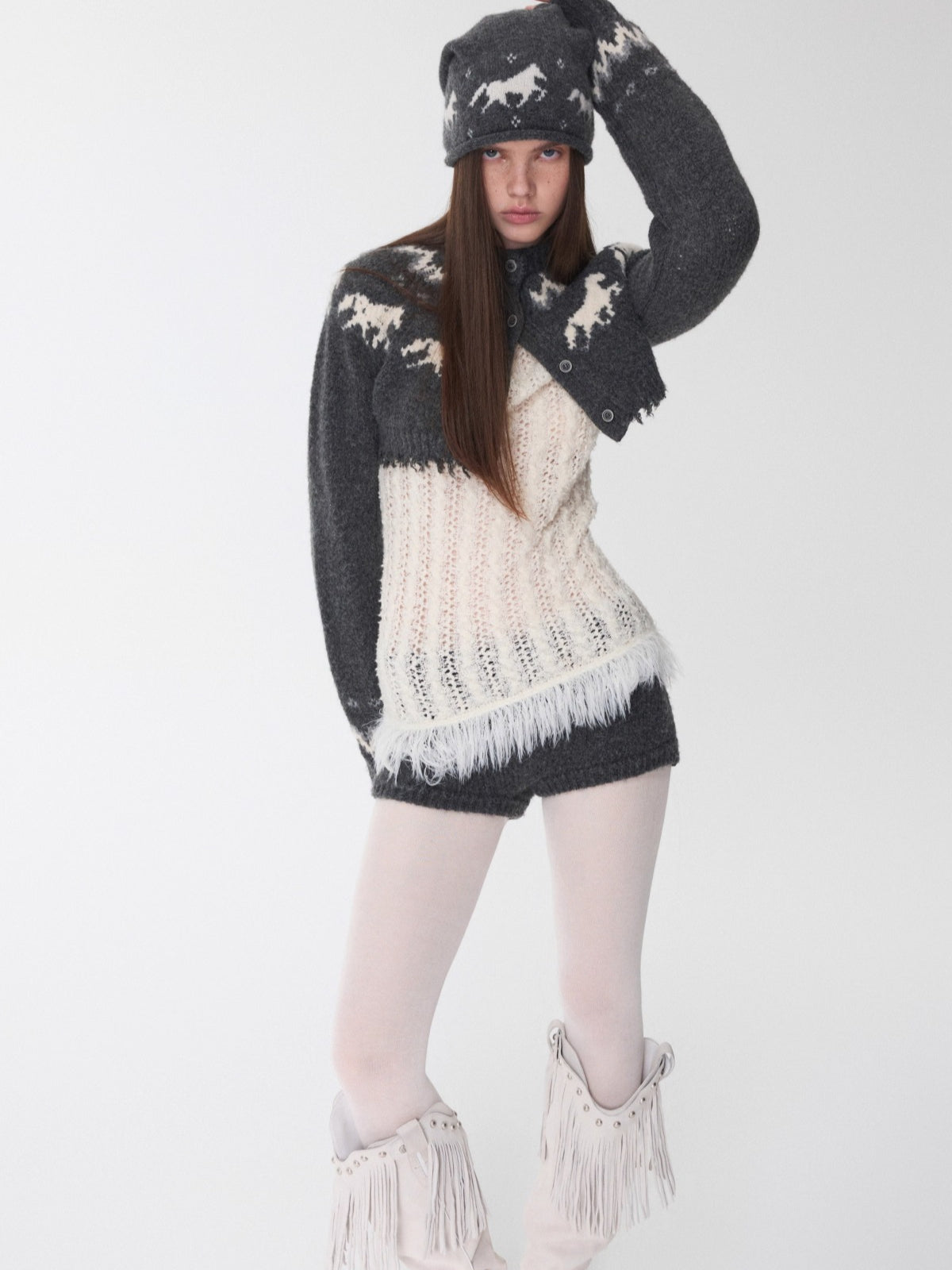 Fair Isle Pony Jacquard Knit Short Cardigan & Shorts Set