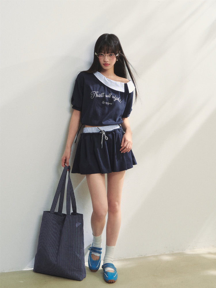 Grey Asymmetric Shoulder Striped Patchwork Short-Sleeve & Skirt Set