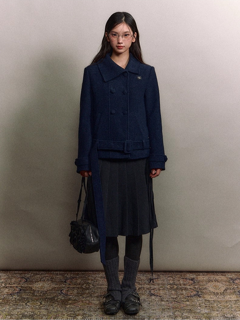 Diagonal Collar Double-Breasted Wool Coat