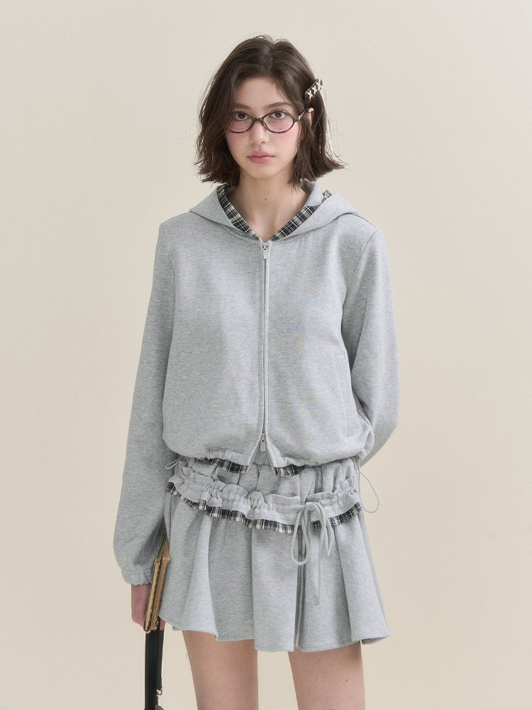 Gray Plaid Spliced Hoodie & Skirt Set