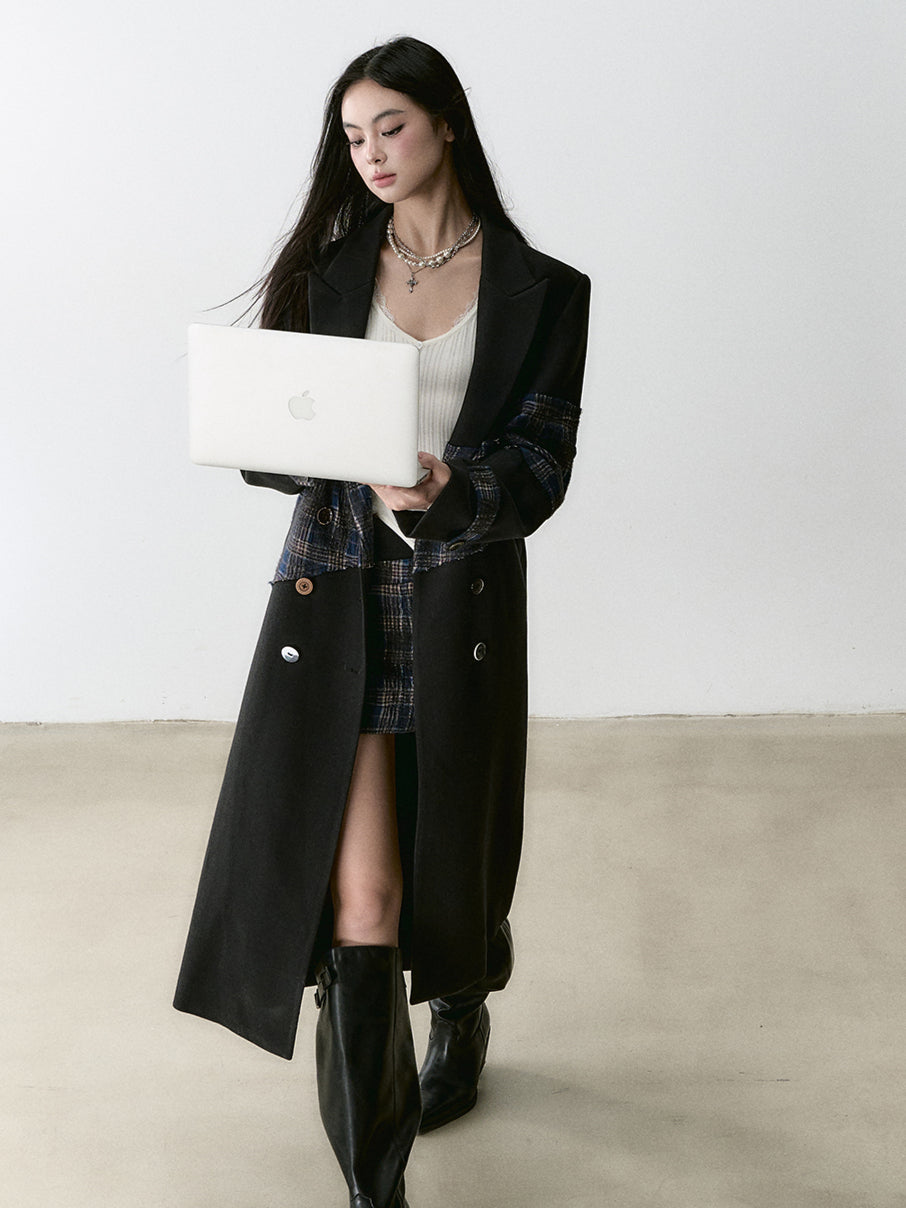 Wool Blend Plaid Patchwork French Coat