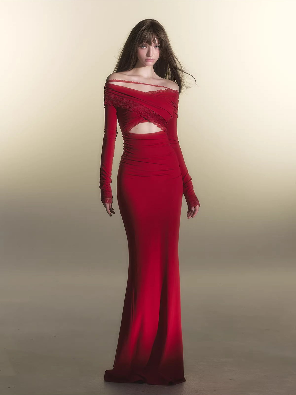 Red Off-Shoulder Long-Sleeve Bodycon Dress