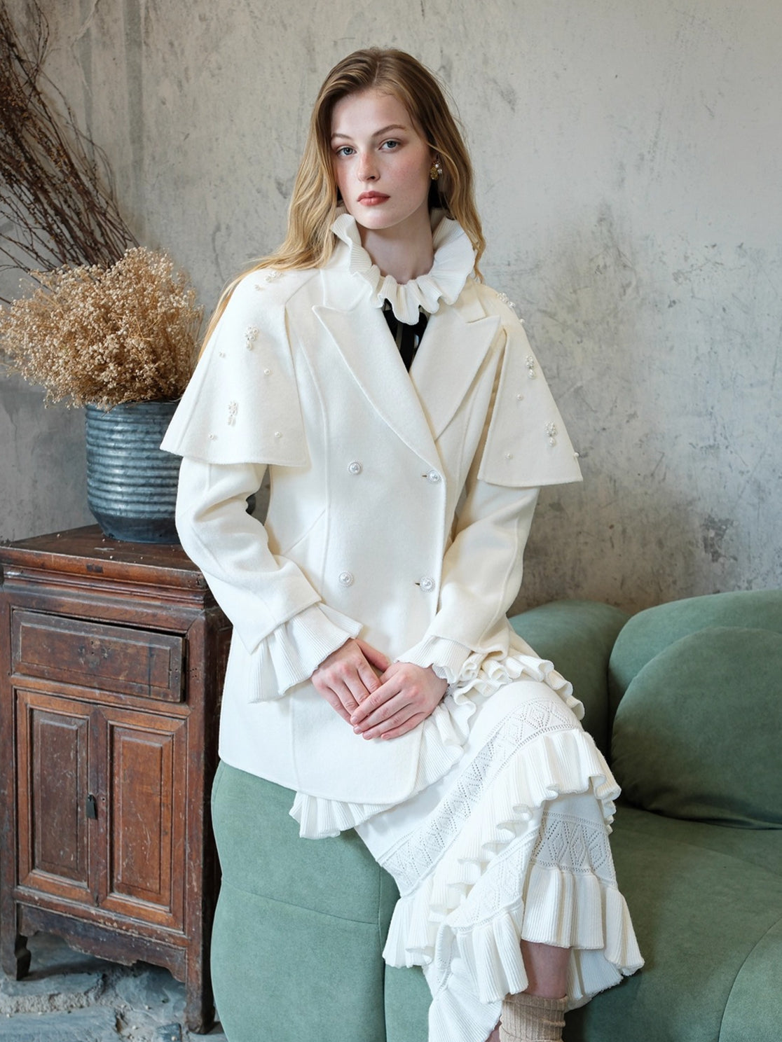 Mira Vintage-Inspired Pearl Cape Woolen Coat