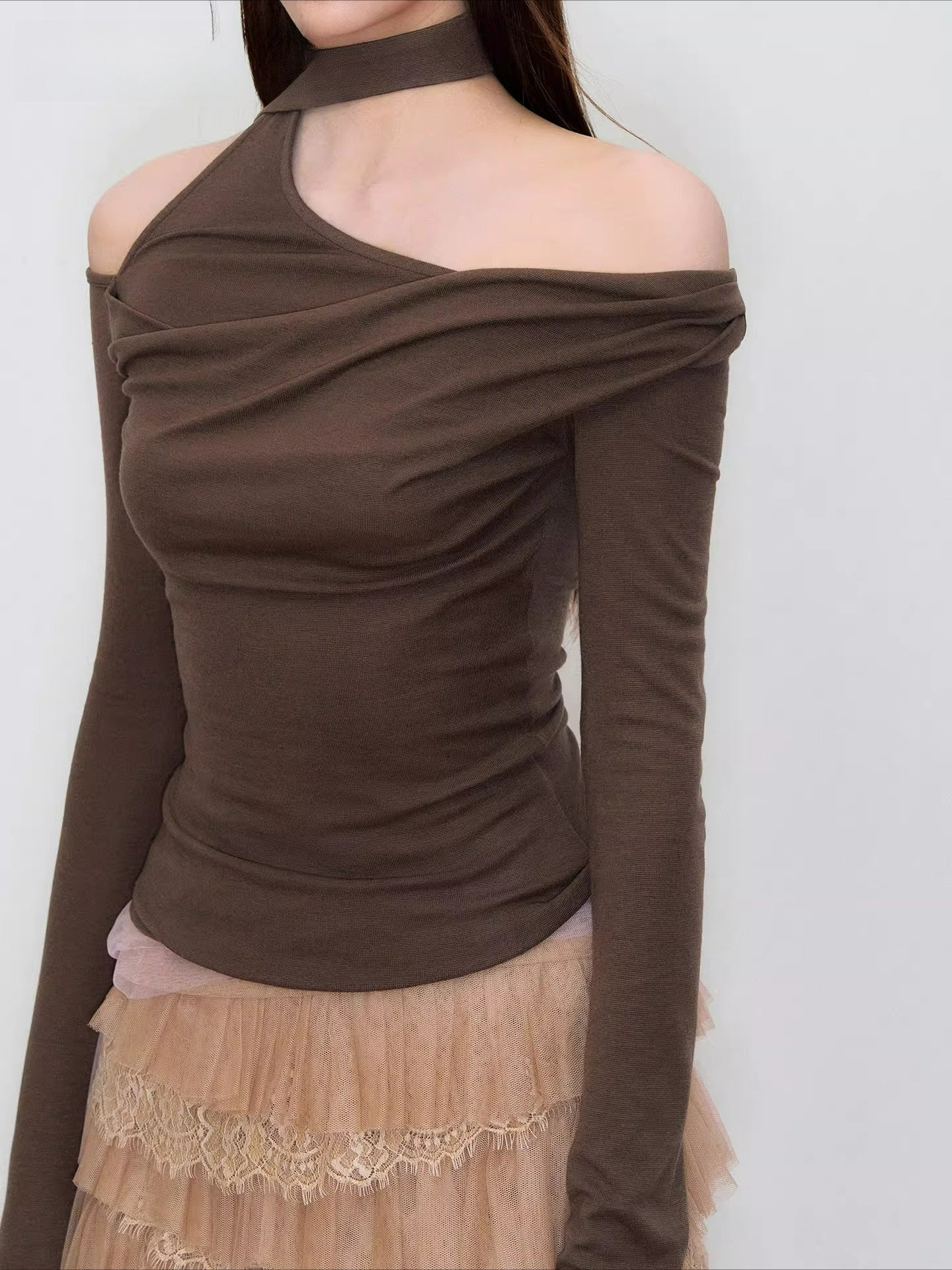 Asymmetrical Ribbon Off-Shoulder Knit Tee