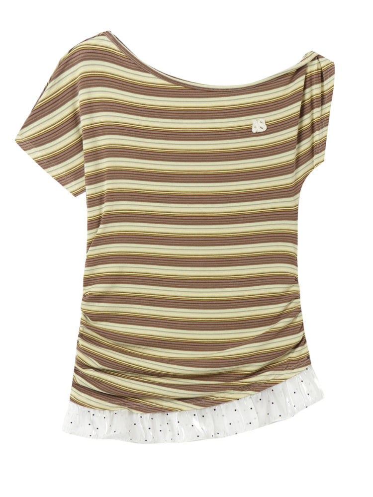 Striped Lace-Spliced Asymmetric-Shoulder T-shirt