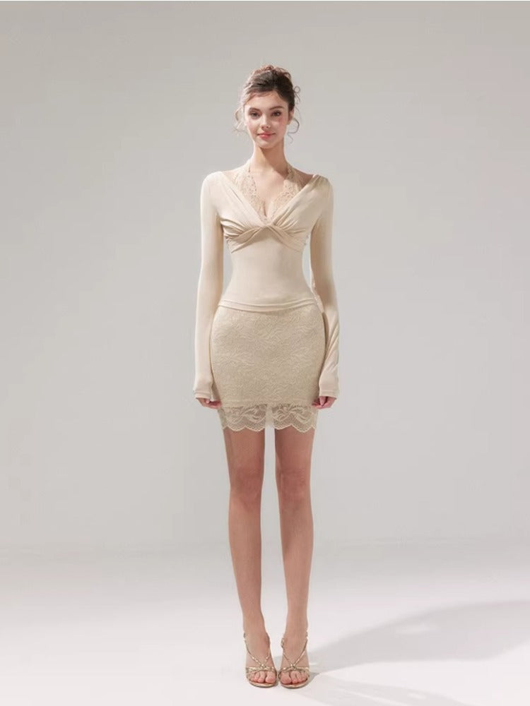 Lace Knit 2-in1 Blouse & Skirt Set