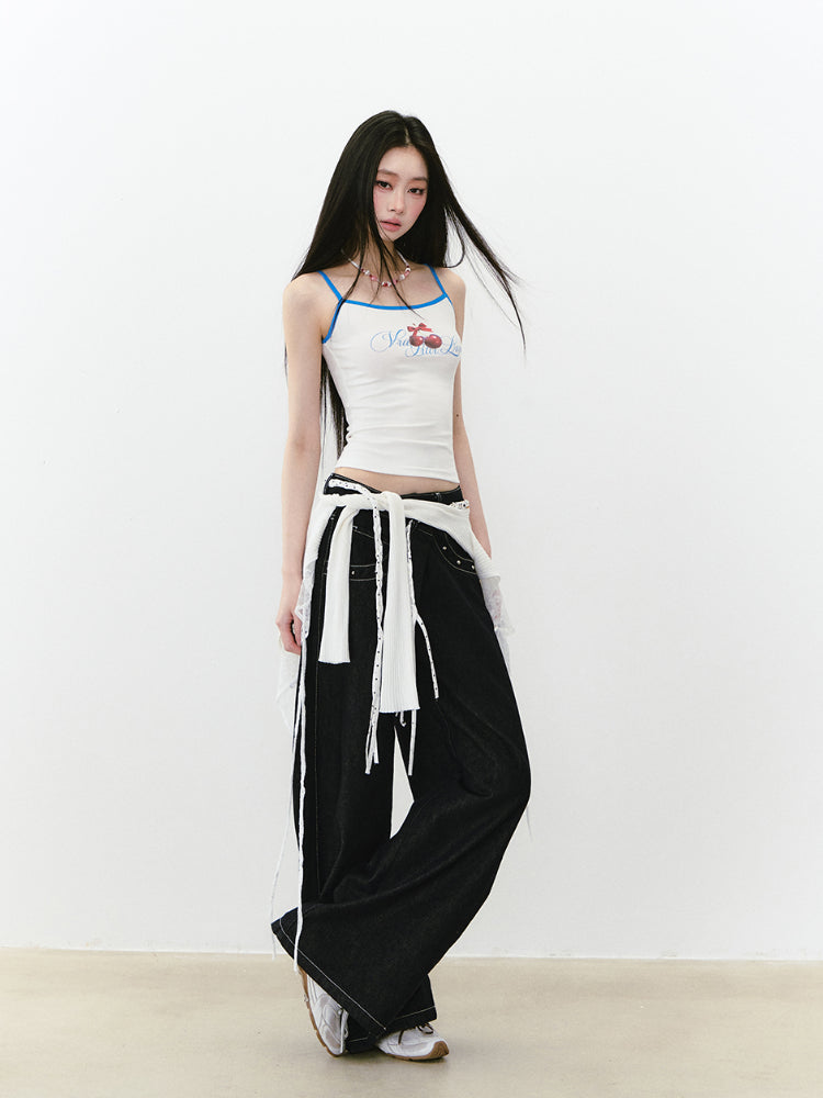 Irregular Waist Original Color Wide-Leg Denim Pants