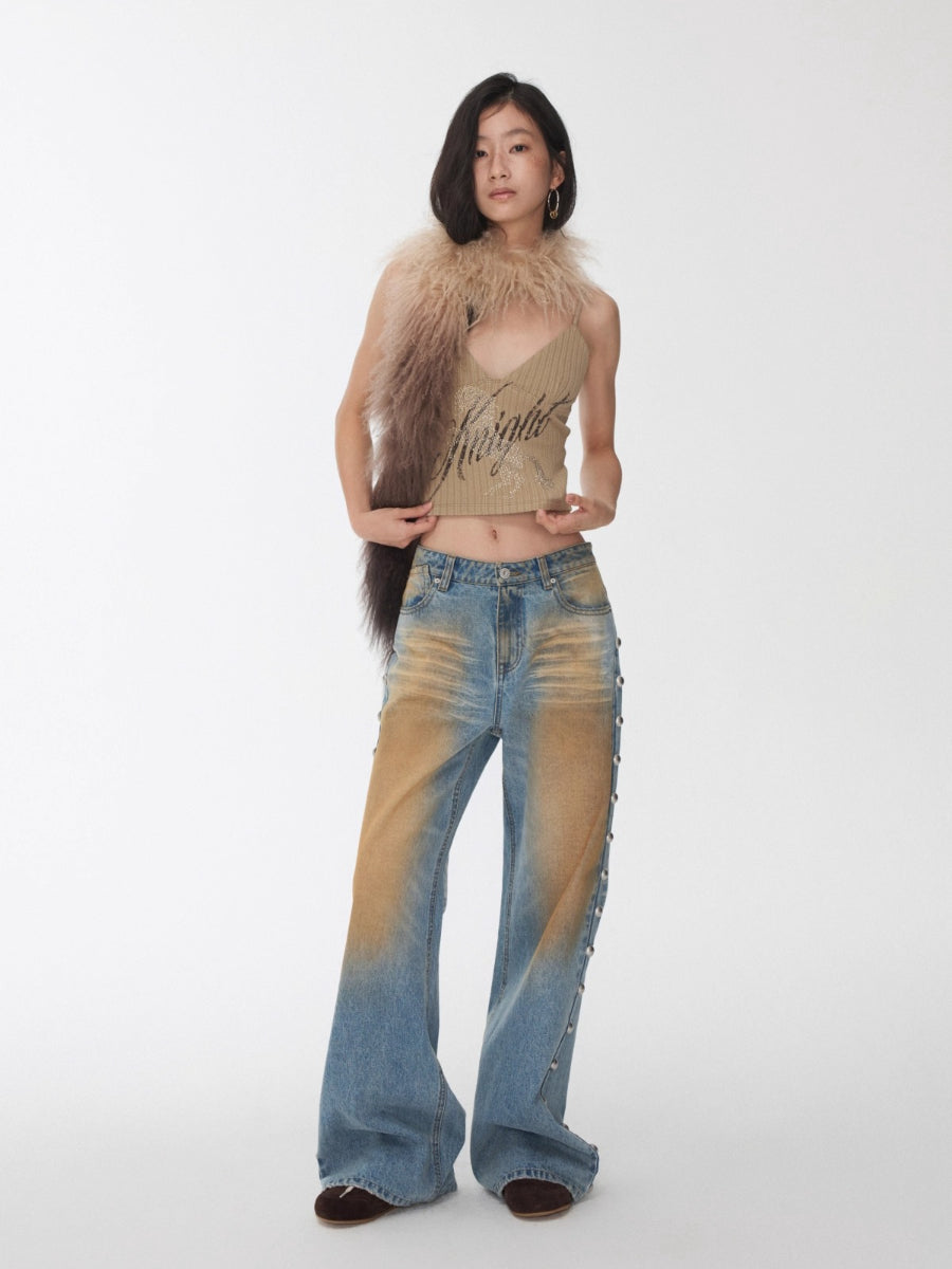 Mud-Dyed Washed Studded Straight-Leg Jeans