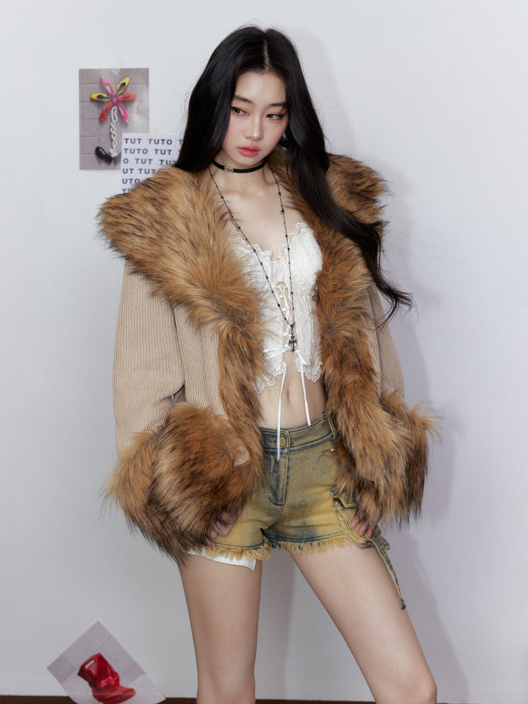 Knitted Fur Thickened Waist-Cinching Coat