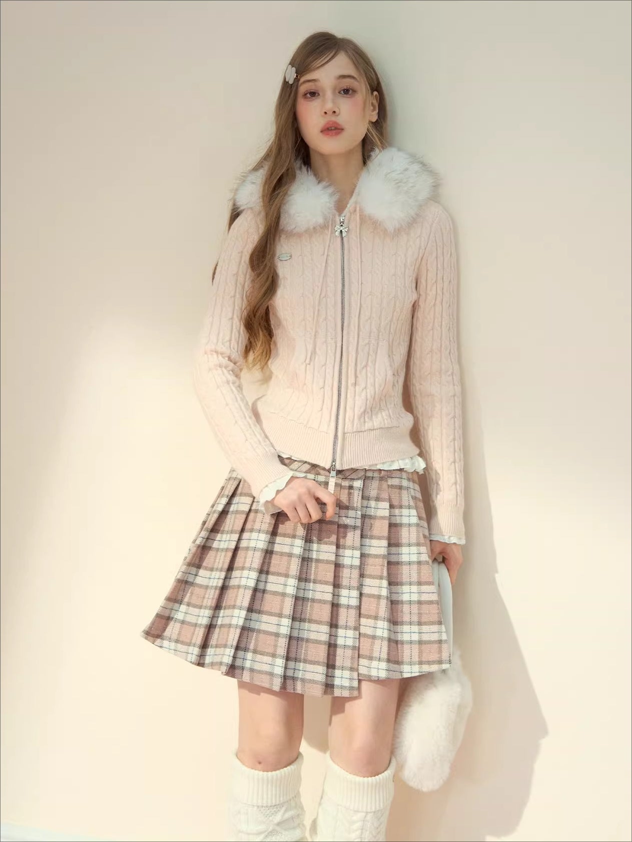 Detachable Fur Collar Blush Zip-up Knit Cardigan