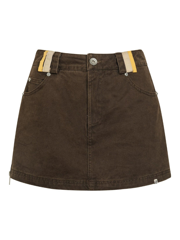 Brown Contrast Waist Denim Skirt