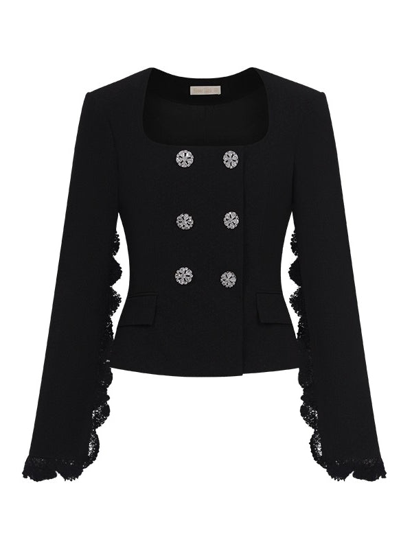 Mirage Vintage Lace-Collar Blazer & Flared Skirt Set