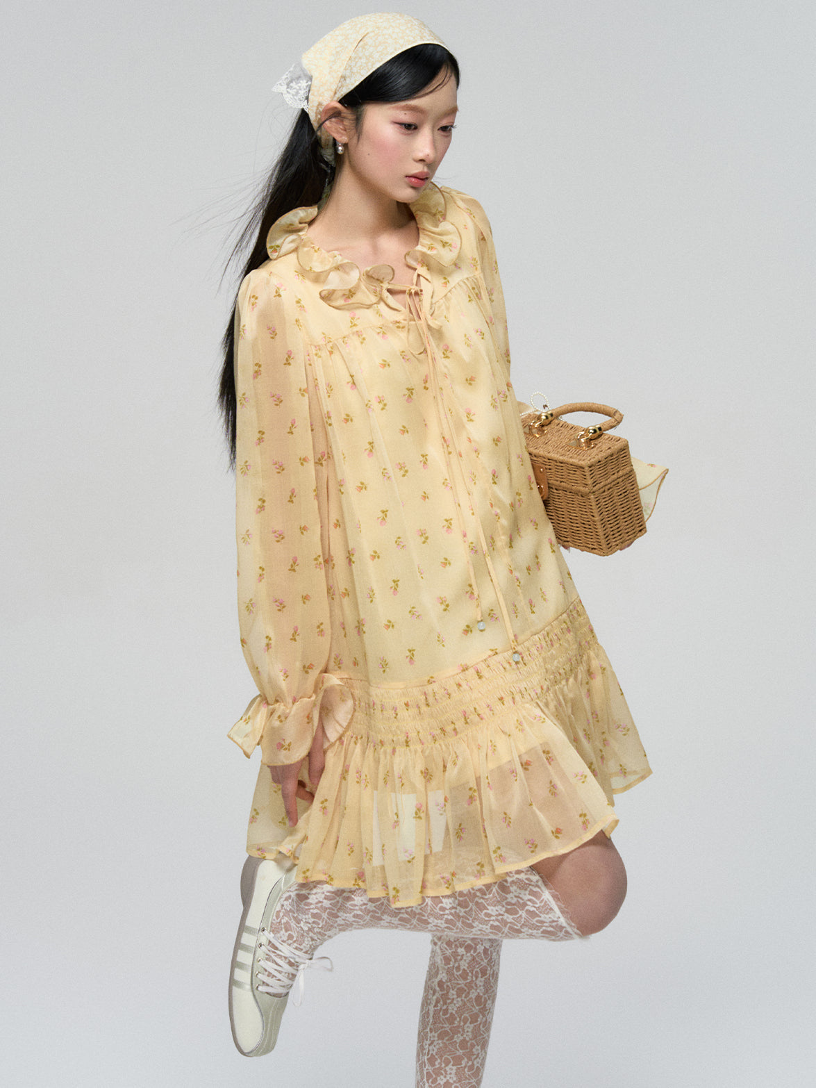Ruffled Floral Long Sleeve Dress