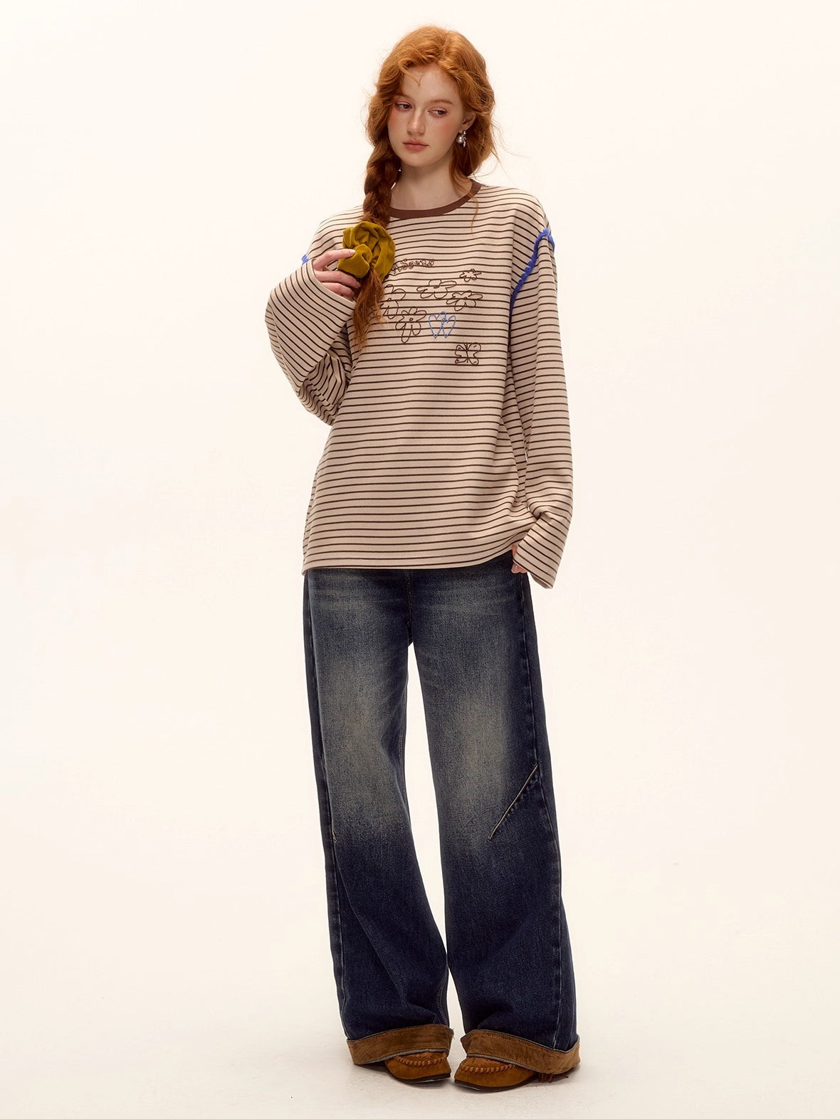 Suede Patchwork Cat-Whisker Wide-Leg Jeans