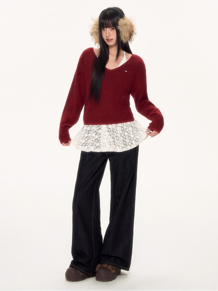 Red Lace Halter Knit 2-piece Set